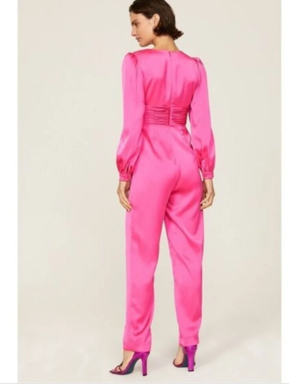 NWT Mac Duggal Fuschia Pink Satin Plunge Neck Puff Sleeve Jumpsuit